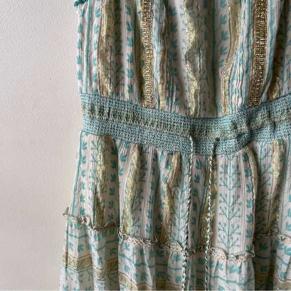 Soft Surroundings Aegean Tiered Boho Maxi Dress Metallic Gold Aqua Blue Cream M - Picture 5 of 11